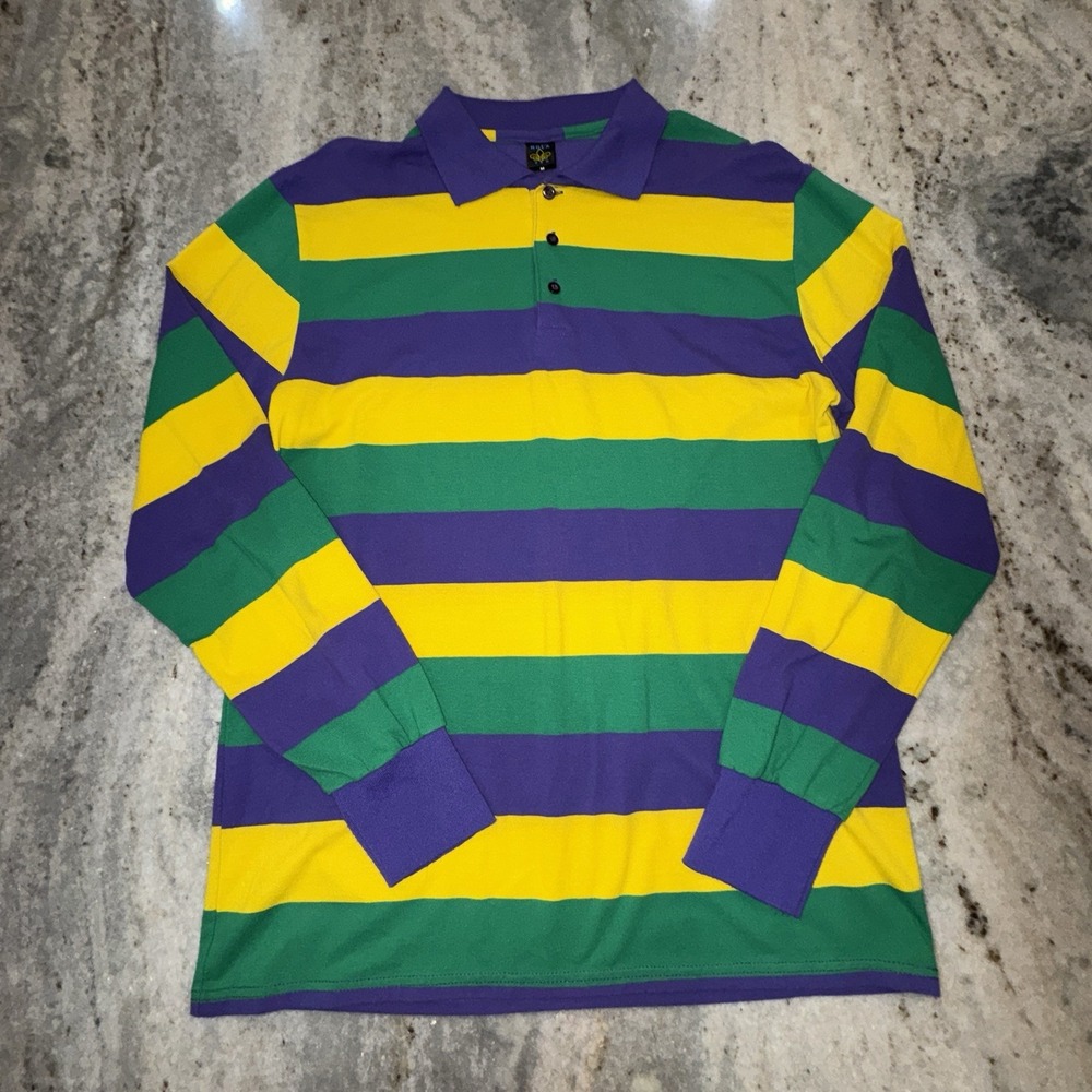 NOLA S&G Long Sleeve Polo Shirt Mardi Gras Striped Sz Men's M Parade Festival